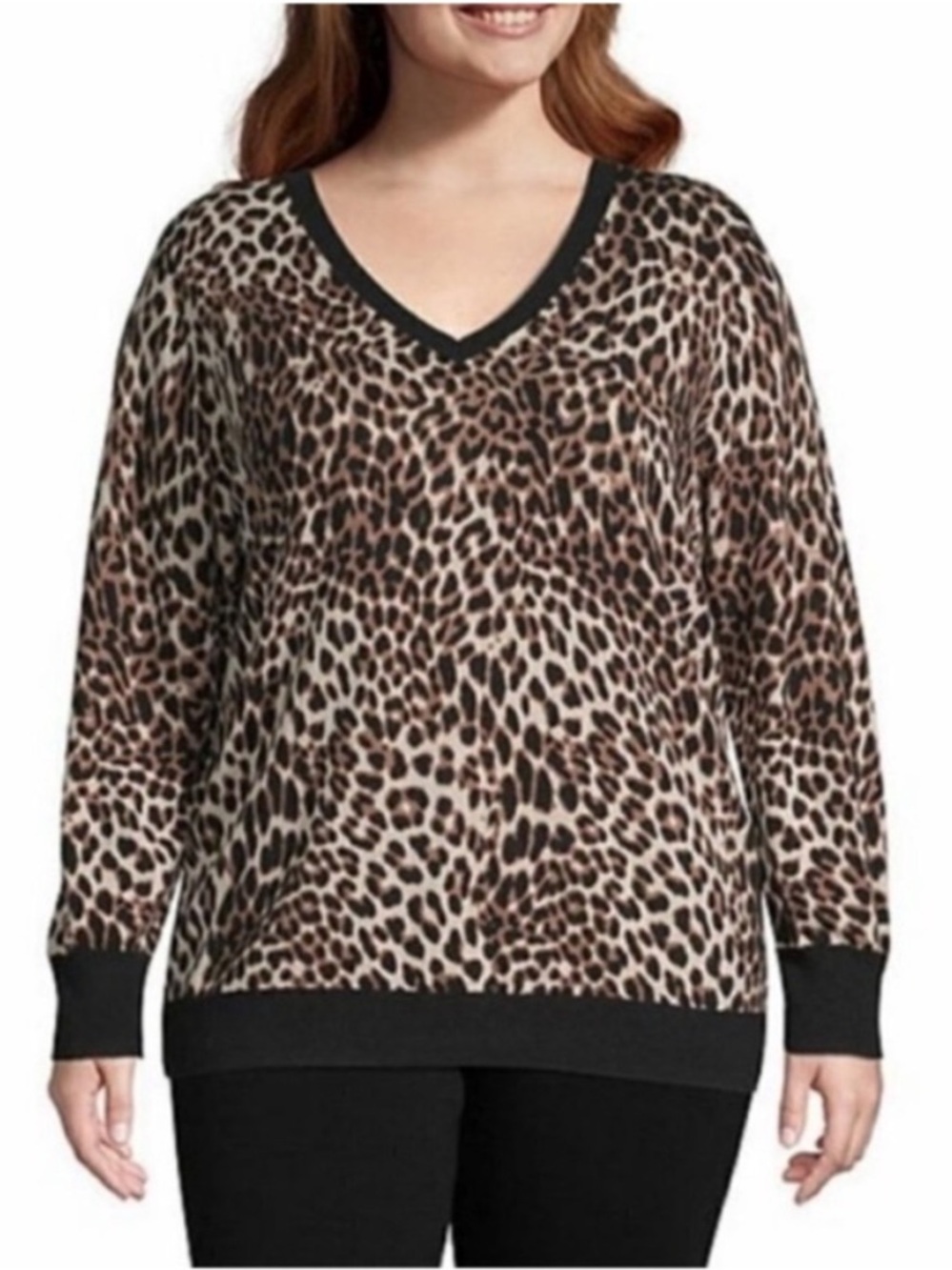 Worthington Leopard Print V-Neck Sweater with Black Trim